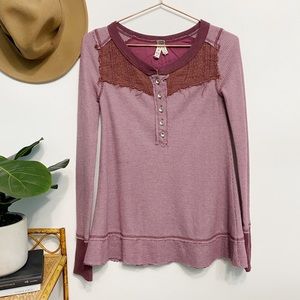 free people | maroon lace bib thermal raw hem henley top xs